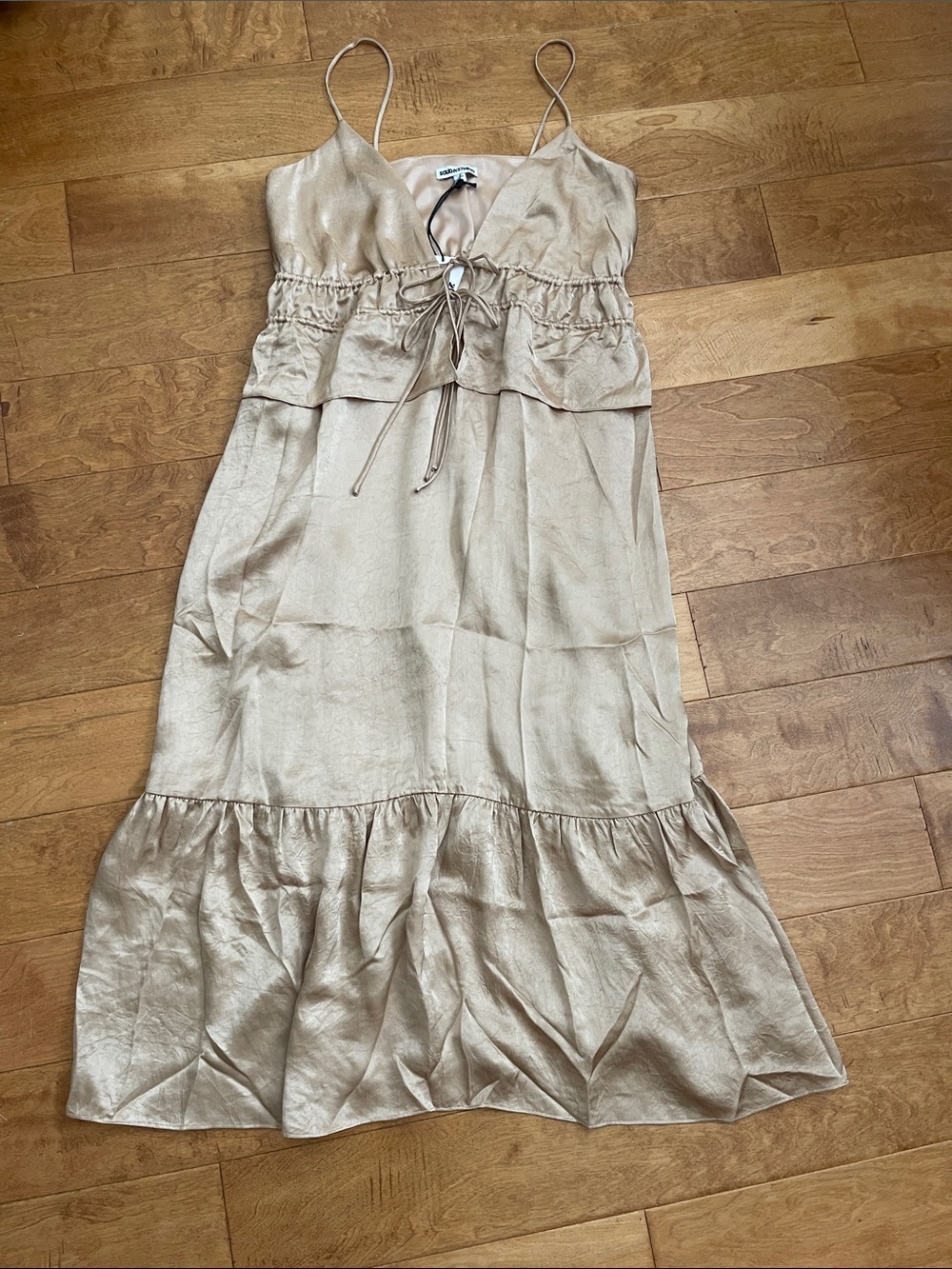 NWT $328 Silk-Look Spaghetti Strap Midi Dress in Champagne Tan